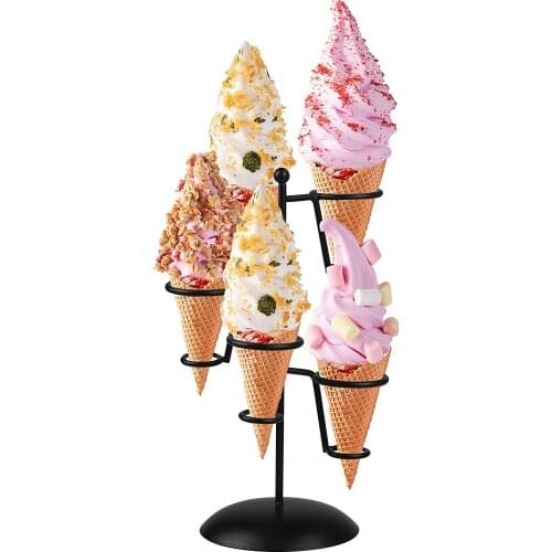 Black iron ice cream cone stand with 5 holes in base, can hold snow cone sushi, hand-rolled popcorn, candy fries