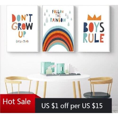 Minimalist Canvas Painting Nordic Kids Room Decor Boys Rule Rainbow Nursery Quotes Child Poster and Print Wall Art Pictures