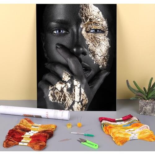Black And Gold Woman Printed Canvas 11CT Cross Stitch Embroidery Set DMC Threads Painting Handmade Craft Needlework Wholesale
