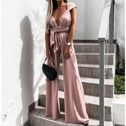 Summer Women Jumpsuit Sexy V Neck Sleeveless Backless Romper Ladies Fashion Solid Bandage Belt Wide Leg Playsuits