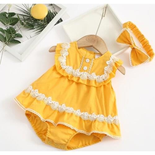 Summer Lace Cotton Plain Infant Newborn Baby Girls Bodysuit Set Princess Jumpsuit Clothes