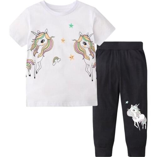 27kids Children Summer Suit Girls Shorts and T-shirt Trousers Pants Rainbow Unicorn Cartoon Partern Casual Cothes 2-7Years
