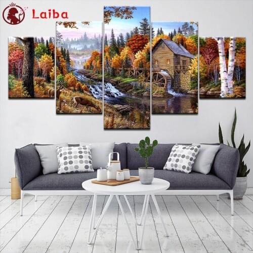 Diamond painting Small village in the forest land cross stitch diamond embroidery mosaic room Decor Cross Stitch5pcs