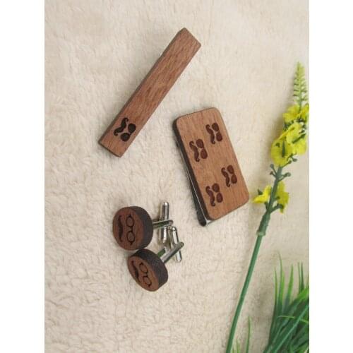 Set of 2 Laser Engrave Wooden Tie Money Clip Moustache Glasses Cufflinks Anniversary Gifts Men Accessories