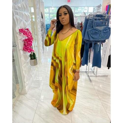 2021 Autumn Long Sleeve Maxi Dress for Women Sexy V Neck Casual Long Vestidos TiedyedPrint Floor Length Loose Dress with Pockets