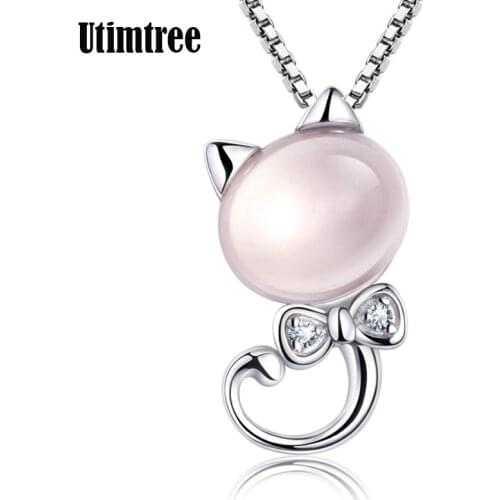 Utimtree Necklaces & Pendants Womens Jewelry Pink Opal Stone 925 Sterling Silver Box Chain Cat Necklace Women Pendant Collare