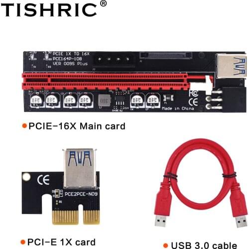 50pcs TISHRIC PCI-E Riser 009s Plus Card PCIE PCI E Express GPU X16 USB 3.0 6pin SATA Adapter Cable Mining Riser For Video Card