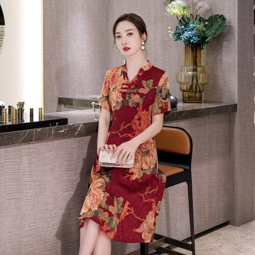 Cheongsam Dress 2020 New Middle-Aged And Elderly Printed A-Line Dress Woman Imitation Of Gambiered Canton Gauze Qipao Платье