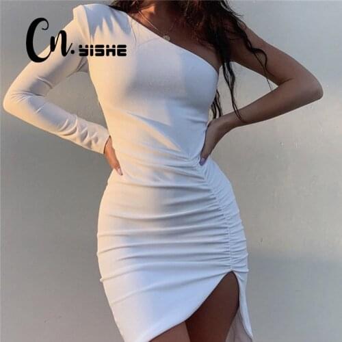 CNYISHE 2021 Spring Dress Women Fashion Solid one shoulder Sexy Club Sheath Slim Mini Dress Women Dresses Vestidos Robes Female