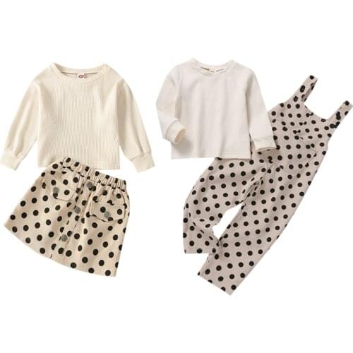 2Pcs Infant Casual Outfits, Girls Solid Color Long Sleeve O-Neck Ribbed Pullover + Dot Print Skirt/Overalls with Pocket 1-5Years