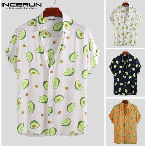 INCERUN Summer Avocado Print Men Shirt Turn-down Collar Short Sleeve Casual Beach Hawaiian Shirts Men Streetwear Camisa 2021 5XL