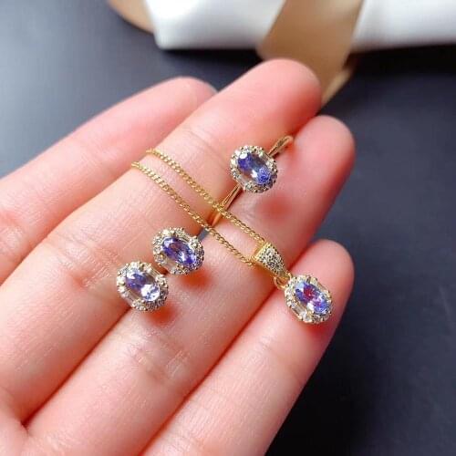 The Best GiftFor your girl Friend Tanzanite Jewelry set 925 sterling silver 1pc Ring,1pc Pendant,2pcs Earring