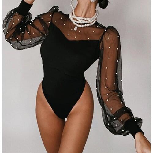 Sexy Women Long Sleeve Bodysuits Elegant Ladies Beading See Through Mesh Black Rompers Club Party Fashion Leotard Basic Tops