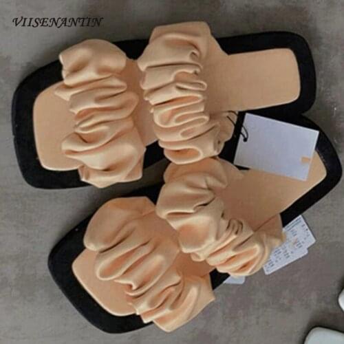 Summer New Fashion Casual Flip Flops Flat Sandals Fluffy Square Toe Thick Sole Lace Pleated Dress Slippers Open Toe Shoes Women