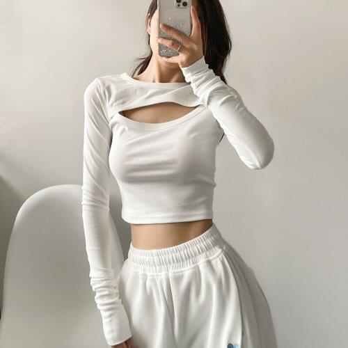 TVVOVVIN Fashion Chest Cutout Splicing Long Sleeve T Shirt Female Slim Bottomed Shirt Tight Tees Tops Hot Sexy Korean Women MZ8X