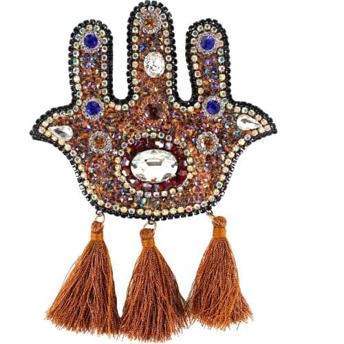 Beaded Crystal Fatima Hand Rhinestone Patches Fringe Badge Sew on Applique Clothes Brooches Decoration Craft Sewing 5 pieces