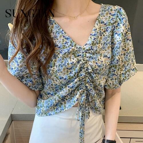 Sungtin Sexy Summer Thin Printed Loose Blouse Shirts Women Flower Puff Sleeve Drawstring Shirt Korean Fashion Chic Blouses Mujer