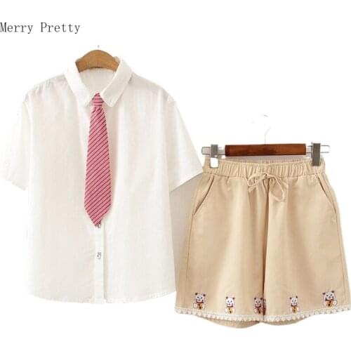Women Summer Sets White Short Sleeve Turndown Collar Tie Blouse And Hight Waist Cartoon Embroidery Hot Mini Shotes 2 Piece Set