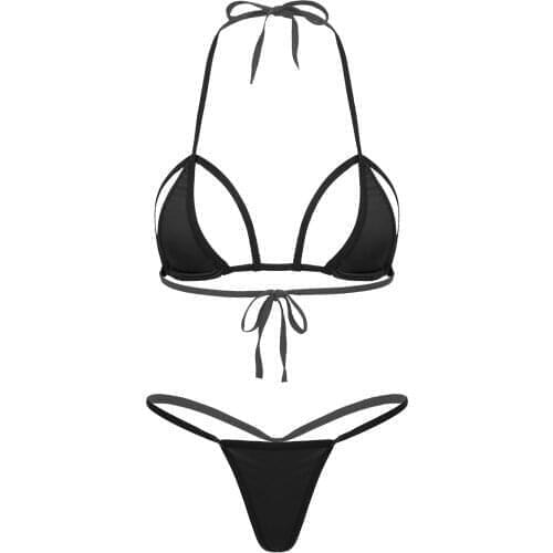 Womens Sexy Mini Micro Thong Bikini Set Lingerie Cutout Cup Bra Mini G-String Thong Briefs Panties Erotic Set for Lingerie Night