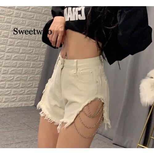 Summer Dernim Shorts Jeans Denim Shorts Summer New Fashion High Waist Tassel Beaded Sexy Short Women Chain Tessel White Black