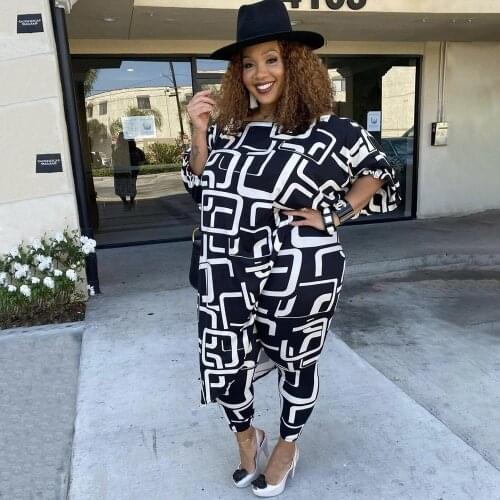 Plus Size 2 Piece Set For Women Clothing Set Fall Large Size Ladies Pants Set Outfits Print Tracksuit Suit Female Clothes