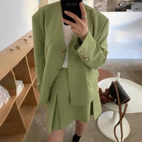 Korean Fashion Autumn Two Piece Set Women Skirt Long Sleeve Blazer and High Waist Mini Skirt Suits Vintage 2 Pieces Outfits