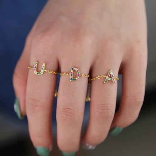 Rainbow cz paved initials 26 Alphabet gold chain slider ring midi women name letter adjustable letter finger ring