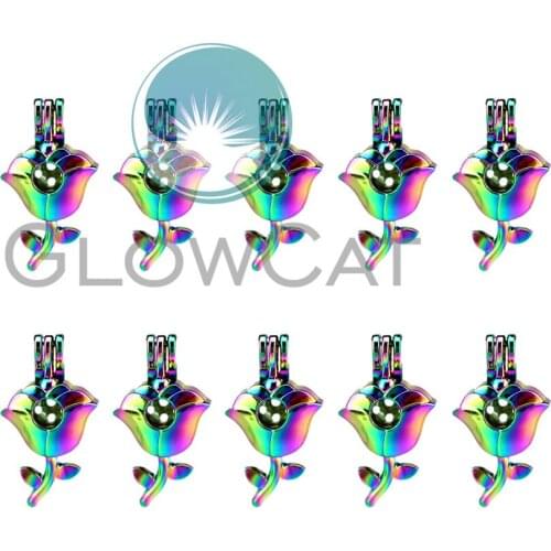 10x C847 Rainbow Color Rose Flower Beads Cage Jewelry Making Perfume Essential Oil Diffuser Pearl Cage Locket Pendant