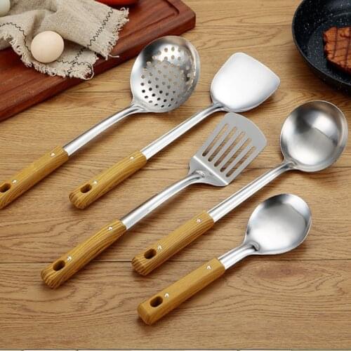 5 Pcs/set kitchen Cooking Tools Utensils Wooden Long Handle Spatula Soup Spoon Frying Spatula Colander Kitchen Tool