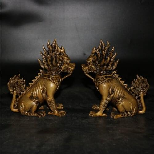 6"Tibet Buddhism Temple Old Bronze Lacquer Unicorn statue A pair Beast Look at the lion Town House Ward off evil spirits