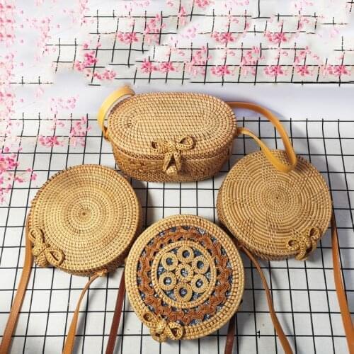 Bali Rattan Bag Vietnam Handmade Round Square Straw Bag Leather Portable Slung Single Room Bag Female Summer