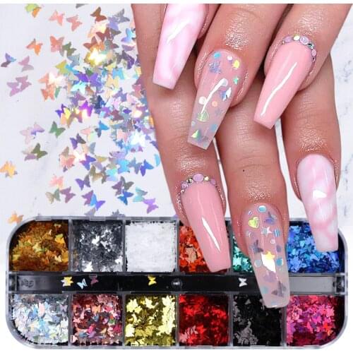 12 Colors Holographic Nail Sequins Butterfly 3D Nail Sequins Polish Mirror Sparkly Shiny Flake Paillette Manicure Decor Nail Art