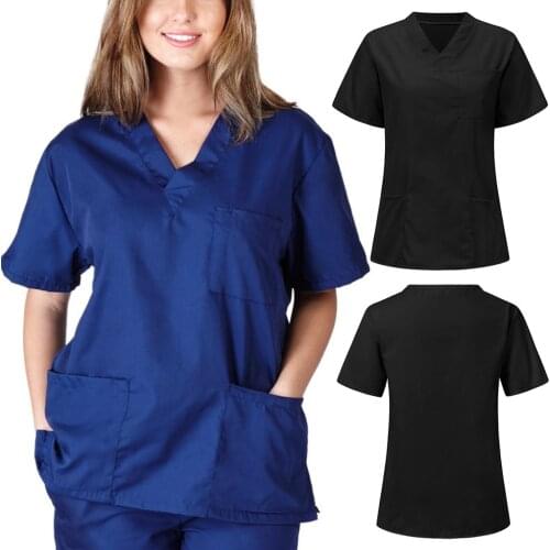 Women Men Nursing Uniform Blouse Short Sleeve V-neck Solid Working Tops with Pocket Doctor Blouse Clothes