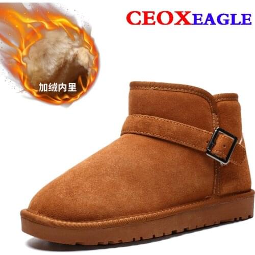 Genuine Leather Snow Boots Women Winter Warm Fur Ladies buckle Platform Wedge Fashion Mens Ankle Boot Female Casual Shoes 35-47