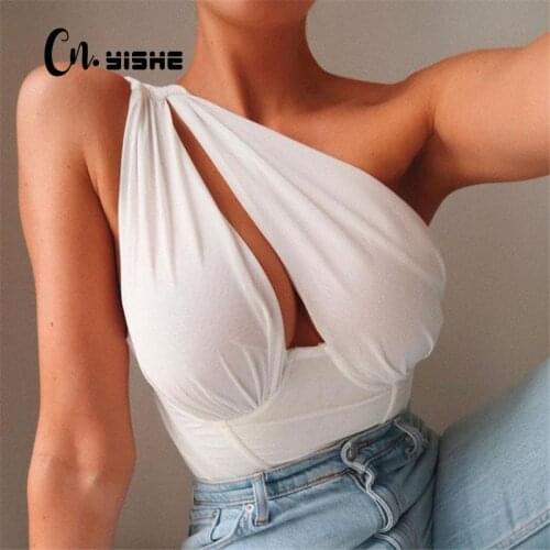 CNYISHE Sexy Elegant Office Lady White Crop Top Female T-shirts Sleeveless Casual Fashion One Shoulder Backless Cropped Shirts