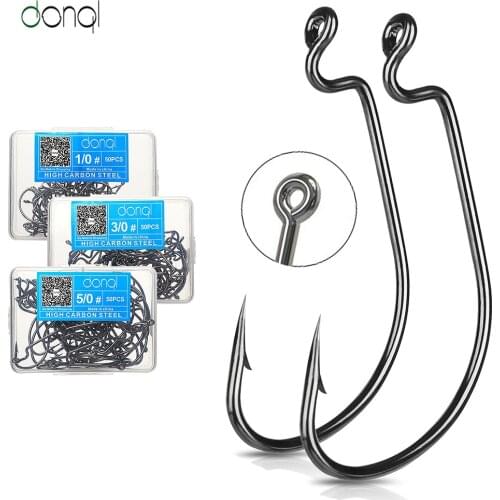 DONQL 50Pcs Soft Worm Fishing Hooks 1# 5-0 # Crank Hook Offset Fishhook Stainless Steel Barbed Single Hook Carp Tackle Fishhook