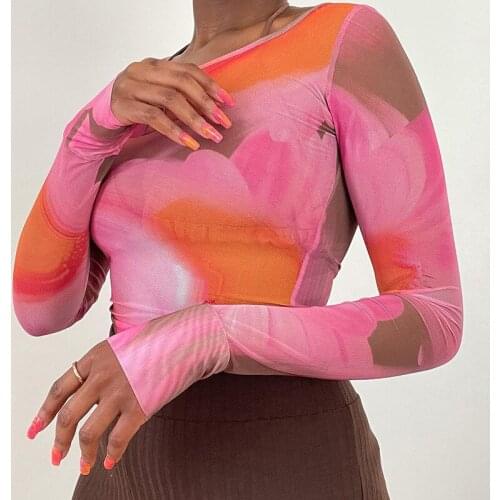 Gothic Print Mesh T-shirt Women Long Sleeve Slim Fit Cropped Top Y2K Aesthetic Summer Tee Streetwear 90s Vintage Punk Style Tee