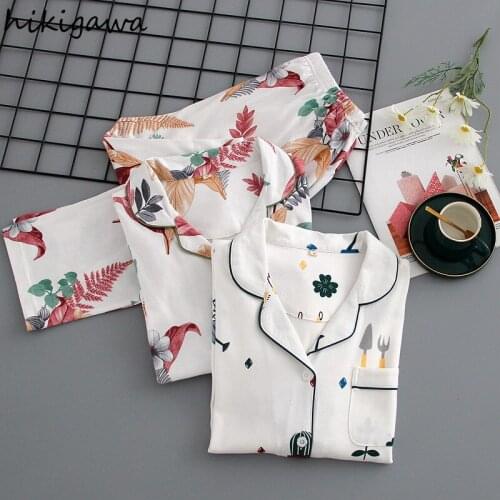Hikigawa Women Pajamas Home Service Set Sleepwear Long Sleeve Trousers Suit Female Pajamas Mujer Women Clothing Sets Summer