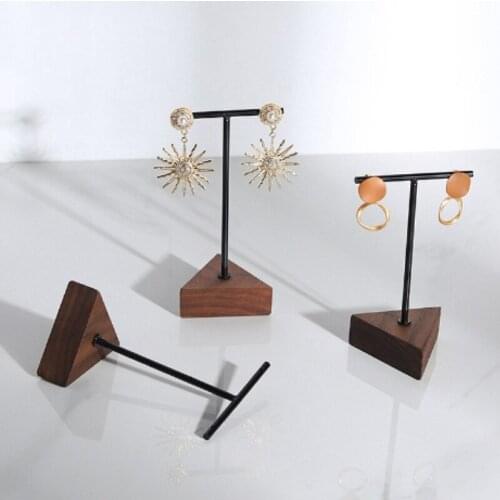 Kili 3Pcs Triple-cornered T-Bar Earrings Jewelry Shoot Props Walnut Ornaments Jewelry Display Stand