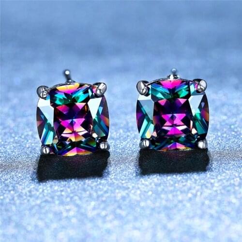 Classic Female Rainbow Crystal Stone Earrings Charm Silver Color Stud Earrings Simple Square Small Wedding Earrings For Women