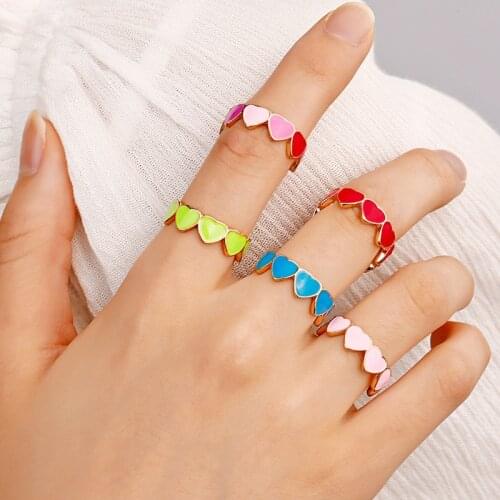 Fashion Trendy Vintage Cute Gothic Colorful Enamel Love Heart Couple Ring Metal Gold Color Rings For Women Girl Party Gifts