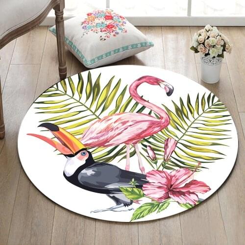 Round Living Room Carpets Childrens Room Floor Area Rugs Bathroom Non-Slip Cushion Home Door Mat Tropical Flamingo And Leaves