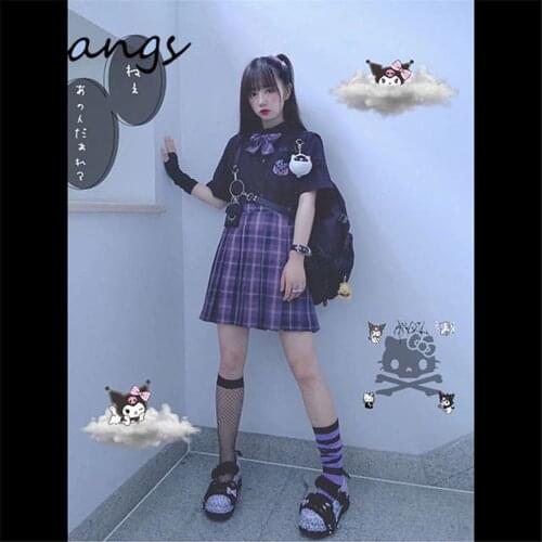Dark Style Cool Purple High Waist Mini Plaid Skirt Black Short Sleeve Shirt Summer New Japanese School Uniform Women Streetwear