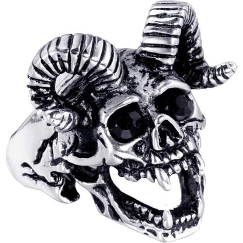 MIQIAO Stainless Steel Titanium Satan Ram Goat Head Skull Evil Eyes Punk Vintage Rings for Men Women Couple Friends Gift Jewelry