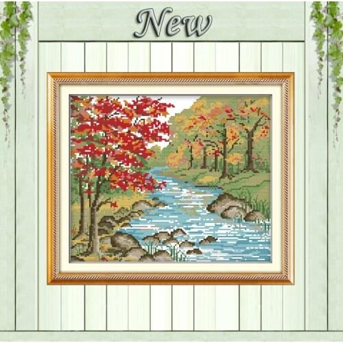 Autumn view river maple decor paintings Counted printed on fabric DMC 14CT 11CT DIY Cross Stitch Needlework kits Embroidery Sets