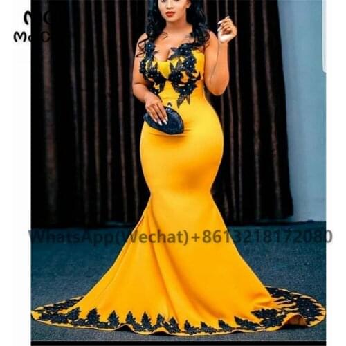 African Mermaid Yellow Prom Evening Dresses Long with Black Appliques Lace Beaded Elastic Satin Womens Evening Gown
