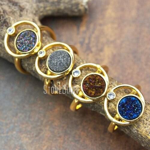 10Pcs Silver, Titanium Rainbow, Titanium Purlple Clear Zircon Micro Inserts Gold Color Round Shape Ring Adjustable RM15454
