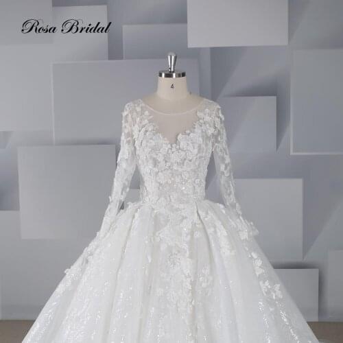 Rosabridal Ball Gown Wedding Dress 2019 new design O Neckline Long Sleeves satin skirt wedding dress