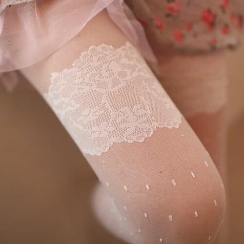 Sexy Lace Thin Stockings Women White Nylon Lolita Long Stocking Female Transparent Pantyhose Tights Dress medias de mujer
