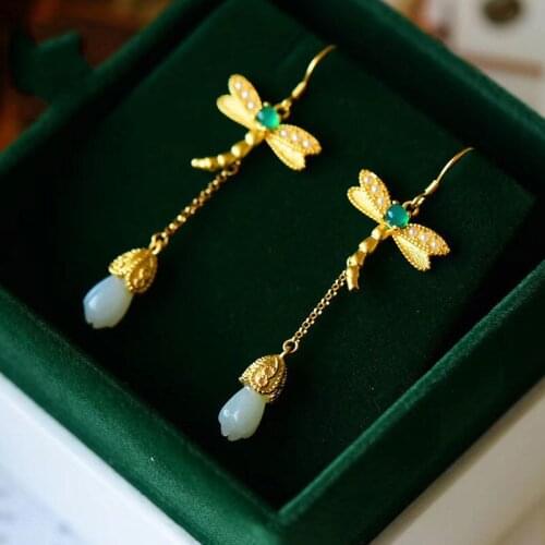 Silver inlaid natural Hotan white jade orchid Dragonfly long ears Chinese style antique gold craft charm womens jewelry